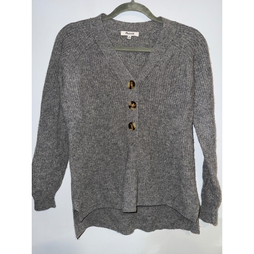 Madewell Ribbed Button Front Sweater‎ Grey XS Merino Wool Blend High Low